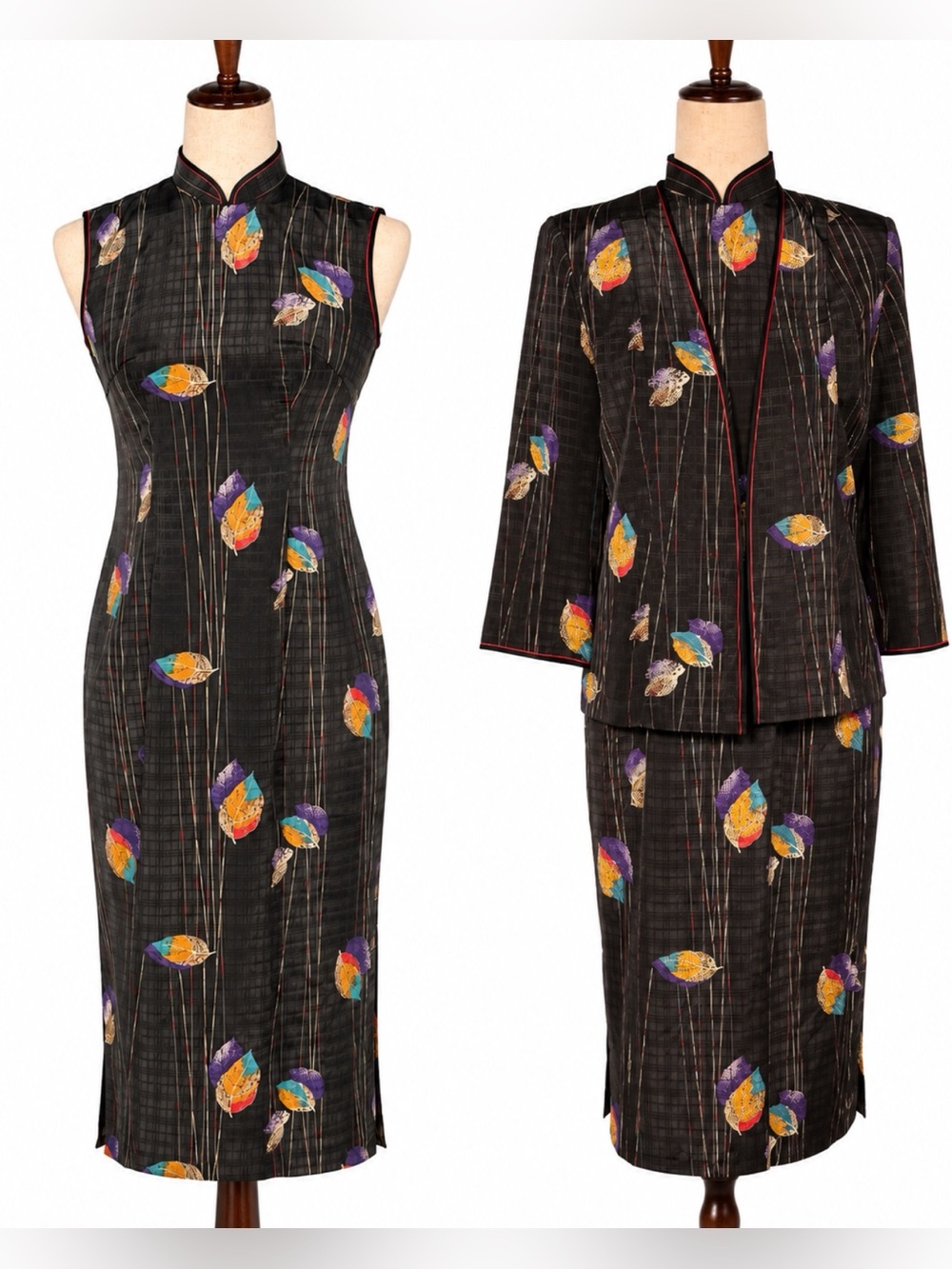 Vintage Black Mandarin-Collar Jacket with Multicolor Leaf Motif- 2